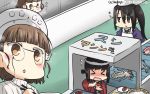  &gt;_&lt; 3girls apron black_hair blush brown_hair chef_hat chopsticks closed_eyes commentary_request conveyor_belt dated fish flat_top_chef_hat flying_sweatdrops food fubuki_(kantai_collection) glasses hamu_koutarou happi hat headdress highres japanese_clothes kantai_collection long_hair multiple_girls nachi_(kantai_collection) open_mouth pince-nez remodel_(kantai_collection) roma_(kantai_collection) sparkle squid sushi 