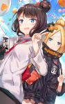  2girls :d abigail_williams_(fate/grand_order) absurdres animal balloon bangs black_bow black_jacket blonde_hair blue_eyes blue_sky blush bow brown_hair cellphone clouds commentary_request crossed_bandaids day eyebrows_visible_through_hair fate/grand_order fate_(series) fou_(fate/grand_order) ginn_(hzh770121) hair_bow hair_bun hand_up highres holding holding_cellphone holding_phone hood hood_down hooded_jacket jacket katsushika_hokusai_(fate/grand_order) long_hair long_sleeves medjed multiple_girls object_hug octopus open_mouth orange_bow outdoors parted_bangs parted_lips phone polka_dot polka_dot_bow sky sleeves_past_fingers sleeves_past_wrists smile stuffed_animal stuffed_toy taking_picture teddy_bear v white_jacket 