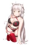  1girl ahoge all_fours animal_ears bikini black_bikini blush breasts cat_ears cat_tail cleavage commentary_request fate/grand_order fate_(series) fingernails highres jeanne_d&#039;arc_(alter_swimsuit_berserker) jeanne_d&#039;arc_(fate)_(all) large_breasts long_hair looking_at_viewer nail_polish navel o-ring parted_lips pixel_(yuxian) red_legwear red_nails simple_background single_thighhigh solo swimsuit tail thigh-highs thigh_strap twintails very_long_hair white_background yellow_eyes 