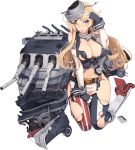  1girl bare_shoulders belt belt_buckle blonde_hair blue_eyes boots breasts buckle cleavage dojikko_pose fingerless_gloves front-tie_top garter_straps gloves hair_between_eyes headgear high_heel_boots high_heels iowa_(kantai_collection) kantai_collection knee_boots large_breasts long_hair miniskirt mismatched_legwear official_art shizuma_yoshinori skirt solo star star-shaped_pupils striped striped_legwear symbol-shaped_pupils thigh-highs tongue tongue_out torn_clothes torn_thighhighs transparent_background vertical-striped_legwear vertical-striped_skirt vertical_stripes white_footwear 