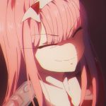  1girl artist_name closed_eyes closed_mouth darling_in_the_franxx eyebrows_visible_through_hair hairband horns iceroy oni_horns pink_hair red_horns simple_background smile solo uniform white_hairband zero_two_(darling_in_the_franxx) 