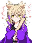 1girl bangs blonde_hair cape closed_mouth earmuffs expressive_hair eyebrows_visible_through_hair flying_sweatdrops hair_between_eyes holding looking_at_viewer pointy_hair purple_cape ritual_baton simple_background smile solo tori_(10ri) touhou toyosatomimi_no_miko upper_body white_background yellow_eyes 