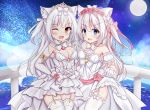  2girls ;d absurdres animal_ears azur_lane bangs blue_eyes bow breasts brown_eyes cat_ears choker cleavage commentary_request detached_collar detached_sleeves dress elbow_gloves eyebrows_visible_through_hair fang flower full_moon garter_straps gloves hair_between_eyes hair_bow hair_flower hair_ornament hammann_(azur_lane) hand_holding hand_up heart highres huge_filesize interlocked_fingers kurashina_yuzuki long_hair looking_at_viewer medium_breasts moon multiple_girls night night_sky one_eye_closed one_side_up open_mouth pink_bow pink_flower pink_rose puffy_short_sleeves puffy_sleeves railing red_ribbon ribbon rose see-through short_sleeves silver_hair skirt_hold sky small_breasts smile standing star_(sky) starry_sky strapless strapless_dress thigh-highs tiara veil very_long_hair water white_choker white_dress white_gloves white_legwear yellow_ribbon yukikaze_(azur_lane) 