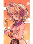  1girl blonde_hair closed_mouth earmuffs from_side holding pointy_hair profile short_hair sleeveless solo tori_(10ri) touhou toyosatomimi_no_miko upper_body yellow_eyes 
