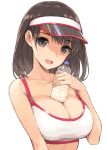  1girl :d bangs bottle breasts brown_eyes brown_hair cleavage collarbone eyebrows_visible_through_hair hand_up holding holding_bottle large_breasts looking_at_viewer morisawa_haruyuki open_mouth original simple_background smile solo sports_bra sweat upper_body visor_cap water water_bottle white_background 