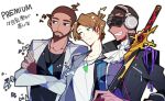  3boys blue_eyes brown_hair chris_(vocaloid) closed_mouth cravat creator_connection cyber_songman dark_skin dark_skinned_male green_eyes grey_jacket headphones holding holding_sword holding_weapon jacket jewelry ken_(vocaloid) male_focus multiple_boys necklace simple_background sunglasses sword triangle uoshi_(uoshi777) upper_body vocaloid vy2 vy2_(vocaloid3) weapon white_background 