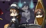  !? 3girls black_hair brown_hair cape commentary_request dated flying_sweatdrops ghost giving_up_the_ghost hair_over_one_eye hairband halloween hamu_koutarou hat hayashimo_(kantai_collection) highres jack-o&#039;-lantern kantai_collection littorio_(kantai_collection) long_hair multiple_girls natori_(kantai_collection) nattou_costume open_mouth pun sunglasses sweat triangular_headpiece very_long_hair white_hairband witch_hat 