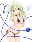  1girl arm_under_breasts bangs bare_arms bare_shoulders bikini black_bikini blush breasts commentary_request cowboy_shot eyebrows_visible_through_hair green_eyes green_hair groin hair_between_eyes halterneck hand_up head_tilt heart heart_of_string highres komeiji_koishi leaning_forward long_hair looking_at_viewer medium_breasts navel no_hat no_headwear parted_lips shiny shiny_skin side-tie_bikini sidelocks simple_background solo standing stomach strap_pull suwa_yasai swimsuit thighs third_eye touhou white_background 