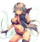  1girl ahoge amirun bangs bikini black_bikini black_jacket blonde_hair breasts choker cleavage collarbone commentary_request cowboy_shot eyebrows_visible_through_hair fate/grand_order fate_(series) gloves hair_between_eyes holding holding_sword holding_weapon jacket jeanne_d&#039;arc_(alter_swimsuit_berserker) jeanne_d&#039;arc_(fate)_(all) katana large_breasts long_hair looking_at_viewer o-ring open_mouth simple_background single_thighhigh smile solo swimsuit sword thigh-highs weapon yellow_eyes 