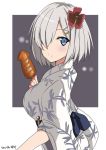  1girl belt blue_eyes blush breasts closed_mouth eyebrows_visible_through_hair flower grey_hair hair_between_eyes hair_flower hair_ornament hamakaze_(kantai_collection) hinase_(jet_hearts) japanese_clothes kantai_collection kimono large_breasts looking_at_viewer short_hair simple_background smile solo white_background yukata 