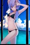  1girl amekaze_yukinatsu arms_up bangs bikini black_bikini blue_hair blue_sky blush breasts closed_mouth clouds commentary_request day front-tie_bikini front-tie_top gradient_hair hair_between_eyes hair_ornament highres horizon long_hair multicolored_hair ocean one_eye_closed purple_hair side-tie_bikini sky small_breasts solo standing standing_on_one_leg swimsuit twitter_username violet_eyes voiceroid water wet yuzuki_yukari 