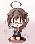  /\/\/\ 1girl adjusting_eyewear ahoge bespectacled bow braid brown_hair camera chibi eyebrows_visible_through_hair glasses gradient gradient_background hair_bow hair_ornament jewelry kantai_collection long_hair long_sleeves looking_at_viewer necklace open_mouth pleated_skirt red_bow shigure_(kantai_collection) sitting skirt solo sugiura triangle_mouth twitter_username wariza |_| 