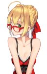  1girl ahoge alternate_costume bare_shoulders bespectacled blonde_hair braid breasts cleavage collarbone dress fate/extra fate_(series) french_braid glasses green_eyes hair_between_eyes hair_intakes highres kei_(soundcross) large_breasts looking_at_viewer nero_claudius_(fate) nero_claudius_(fate)_(all) red_dress simple_background smile upper_body v_arms 