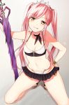  1girl :p absurdres arm_up bare_arms bare_shoulders bikini black_choker black_skirt blush breasts brown_eyes choker closed_mouth collarbone commentary_request derori fate/grand_order fate_(series) head_tilt highres holding long_hair looking_at_viewer medb_(fate/grand_order) medb_(swimsuit_saber)_(fate) medium_breasts microskirt navel o-ring o-ring_bikini o-ring_bottom pink_hair pleated_skirt sandals skirt smile solo sparkle squatting swimsuit tiara tongue tongue_out twintails very_long_hair white_bikini 