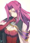  1girl bangs breasts closed_mouth code_geass cornelia_li_britannia creayus eyebrows_visible_through_hair gloves hand_on_own_chin large_breasts lips long_hair looking_at_viewer m parted_bangs pink_lips purple_hair red_gloves simple_background solo upper_body violet_eyes white_background 