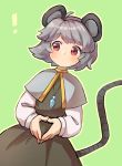  ! 1girl animal_ears blush capelet closed_mouth dress eyebrows_visible_through_hair green_background grey_dress grey_hair hands_together highres jewelry long_sleeves mouse_ears mouse_tail nazrin necklace outline red_eyes sasa_kichi shirt simple_background solo standing tail touhou white_outline white_shirt 