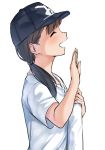 1girl :d bangs baseball_cap black_hat blush brown_hair closed_eyes commentary_request hair_over_shoulder hand_up hat highres long_hair low_ponytail open_mouth original ponytail profile shirt short_sleeves simple_background smile solo white_background white_shirt yuki_arare 