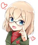  1girl :d adjusting_eyewear aikawa_ryou bangs bespectacled black-framed_eyewear blonde_hair blue_eyes blush commentary emblem eyebrows_visible_through_hair fang girls_und_panzer glasses green_jacket heart highres jacket katyusha long_sleeves looking_at_viewer open_mouth portrait pravda_school_uniform red_shirt school_uniform shirt short_hair simple_background smile solo turtleneck v-shaped_eyebrows white_background 