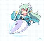  1girl :d blue_kimono blush commentary dragon_horns english_commentary fate/grand_order fate_(series) flying_kick full_body green_hair hair_ornament horns japanese_clothes jashin-chan_dropkick kicking kimono kiyohime_(fate/grand_order) lamia langbazi long_hair long_sleeves monster_girl o_o obi open_mouth sash signature smile solo very_long_hair white_background wide_sleeves 
