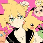  1boy :d :p ;3 bass_clef blonde_hair charmander cheek-to-cheek close-up creatures_(company) crossover dutch_angle eyebrows_visible_through_hair face fire frown game_freak gen_1_pokemon gen_2_pokemon green_eyes headset jigglypuff kagamine_len looking_at_another male_focus musical_note nintendo open_mouth pikachu pink_background pokemon pokemon_(creature) psyduck sailor_collar shirt short_hair simple_background sinaooo smile tail teeth togepi tongue tongue_out translated upper_body vocaloid white_shirt 