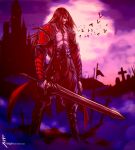  1boy bat black_hair castle castlevania castlevania:_lords_of_shadow dracula facial_hair gabriel_belmondo holding holding_sword holding_weapon long_hair luigiix moon moonlight muscle pale_skin pointy_ears red_eyes sword tagme tombstone vampire weapon white_skin 