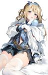  1girl absurdres bangs belt blonde_hair blue_eyes blush coat commentary_request dated eyebrows_visible_through_hair fur_trim girls_frontline gloves hairband half-closed_eyes highres long_hair looking_at_viewer miniskirt open_mouth sidelocks sitting skirt solo suomi_kp31_(girls_frontline) tears thigh-highs thighs torn_clothes torn_skirt torn_thighhighs two_side_up umibouzu_(niito) uniform white_gloves 