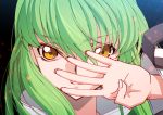  1girl bangs c.c. closed_mouth code_geass creayus eyebrows_visible_through_hair green_hair hair_between_eyes hand_over_face long_sleeves looking_at_viewer m portrait smile solo yellow_eyes 