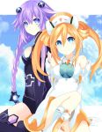  2girls absurdres blue_eyes blush boots braid breasts cleavage elbow_gloves eyebrows_visible_through_hair gloves hair_between_eyes hair_ornament highres leotard long_hair looking_at_viewer medium_breasts multiple_girls neptune_(series) orange_hair orange_heart outstretched_arms page_number power_symbol purple_hair purple_heart ramu-on@_shinon shin_jigen_game_neptune_vii sitting smile symbol-shaped_pupils twin_braids twintails very_long_hair white_gloves 