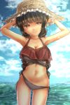  1girl armpits arms_up ass_visible_through_thighs bare_shoulders bikini black_hair braid breasts brown_eyes clouds commentary_request cowboy_shot earrings hat highres jewelry large_breasts long_hair looking_to_the_side navel ocean panties shounen_(hogehoge) side-tie_panties sky smile straw_hat swimsuit touhou underwear very_long_hair yatadera_narumi 