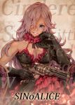  1girl bare_shoulders black_gloves blue_eyes breasts character_name chin_rest cinderella_(sinoalice) commentary_request copyright_name couch dress finger_on_trigger frilled_dress frills glint gloves gun hair_over_one_eye hand_up handgun holding holding_gun holding_weapon hoshizaki_reita long_hair looking_at_viewer medium_breasts one_eye_covered red_dress revolver sinoalice sitting smile solo upper_body weapon 