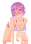  1girl absurdres all_fours bare_shoulders barefoot bikini blush breasts cleavage collarbone fate/grand_order fate_(series) hair_over_one_eye highres large_breasts lavender_hair looking_at_viewer mash_kyrielight shirouzu_myuuta short_hair simple_background smile solo swimsuit thighs violet_eyes white_background white_bikini 