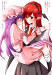  2girls bat_wings black_hairband black_skirt carrying collared_shirt commentary_request enpitsu_(enpitsu_4b) fake_wings hairband hands_on_another&#039;s_shoulders hat head_wings highres koakuma long_hair long_sleeves looking_at_another multiple_girls necktie open_mouth patchouli_knowledge pink_hat pointy_ears princess_carry purple_hair red_eyes red_neckwear redhead shirt skirt touhou translated very_long_hair violet_eyes white_background wings yuri 