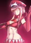  1girl alluring_chief_warden_look boro_bukuro breasts cleavage closed_mouth elbow_gloves eyebrows_visible_through_hair fate/grand_order fate_(series) gloves gradient gradient_background groin hat holding long_hair medb_(fate/grand_order) navel peaked_cap pink_gloves pink_hair pink_skirt red_hat riding_crop short_hair_with_long_locks skirt small_breasts smile solo tongue tongue_out yellow_eyes 
