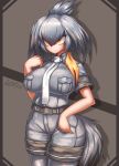  1girl arm_at_side artist_name bangs bare_arms belt bird_tail black_hair breast_pocket breasts closed_mouth collared_shirt commentary curvy dated expressionless eyebrows_visible_through_hair grey_legwear grey_shirt grey_shorts hair_between_eyes hand_up highres impossible_clothes impossible_shirt kemono_friends large_breasts long_hair looking_afar low_ponytail multicolored_hair necktie no_gloves orange_eyes orange_hair pantyhose pantyhose_under_shorts pocket shiny shiny_hair shirt shoebill_(kemono_friends) short_sleeves shorts side_ponytail silver_hair solo standing tail tsurime upper_body white_neckwear wide_hips zinfyu 
