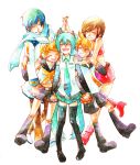  2boys 3girls :d ^_^ age_difference bare_arms bare_shoulders belt blonde_hair blue_hair blue_neckwear blue_scarf boots brown_hair brown_pants closed_eyes closed_eyes coat detached_sleeves eyebrows_visible_through_hair full_body hair_ribbon hands_clasped hands_together happy hatsune_miku headset height_difference hug hug_from_behind interlocked_fingers kagamine_len kagamine_rin kaito meiko miyuki_(aoisan) multiple_boys multiple_girls necktie open_mouth orange_neckwear own_hands_together pants red_footwear red_skirt red_tank_top ribbon scarf shirt short_hair shorts simple_background skirt sleeveless sleeveless_shirt smile tank_top teeth thigh-highs thigh_boots thighs traditional_media twintails vocaloid watercolor_(medium) white_background white_coat white_ribbon white_shirt 
