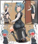  2girls ass black_legwear blush bow bowtie breasts brown_hair closed_mouth dress eyebrows_visible_through_hair green_bow grey_hair highres kantai_collection kasumi_(kantai_collection) long_hair long_sleeves looking_at_another looking_at_viewer michishio_(kantai_collection) multiple_girls open_mouth panties pantyshot school_uniform shirt small_breasts smile tama_(seiga46239239) thigh-highs translation_request turret underwear white_shirt yellow_eyes 