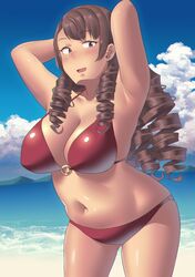  1girl armpits arms_behind_head belly bikini blush breasts curvy highres large_breasts navel original plump ryokucha_michi sanpaku swimsuit 