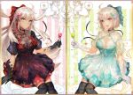  2girls :d :o ahoge black_choker black_dress black_legwear blonde_hair blue_dress blue_ribbon breasts champagne_flute choker commentary_request cup dress drinking_glass dual_persona fate/grand_order fate_(series) glint gloves grey_eyes hair_ornament hair_ribbon holding holding_drinking_glass jewelry large_breasts long_hair looking_at_viewer multiple_girls necklace okita_souji_(alter)_(fate) okita_souji_(fate) okita_souji_(fate)_(all) open_mouth over-kneehighs parted_lips puffy_short_sleeves puffy_sleeves purple_choker red_ribbon ribbon round_teeth short_hair short_sleeves shutsuri sitting smile tassel teeth thigh-highs white_gloves 