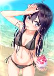  1girl akatsuki_(kantai_collection) anchor_symbol beach bikini black_bikini blush breasts closed_mouth food hair_between_eyes ice_cream kantai_collection kuno_nv long_hair looking_at_viewer looking_up ocean purple_hair small_breasts spoon spoon_in_mouth sunlight swimsuit violet_eyes 