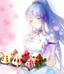  1girl apron blue_eyes blue_hair blush caster_lily choker dated fate/grand_order fate_(series) heart highres long_hair pastry pointy_ears ponytail signature solo tray very_long_hair wavy_mouth yamanaka_kotetsu 
