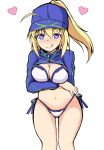  +++ 1girl :q absurdres ahoge bangs bikini blue_eyes blue_hat blue_jacket blush breast_hold breasts cleavage closed_mouth commentary_request eyebrows_visible_through_hair fate/grand_order fate_(series) flat_cap groin hair_between_eyes hair_through_headwear hat heart heart-shaped_pupils high_ponytail highres jacket long_hair long_sleeves looking_at_viewer medium_breasts mitchi mysterious_heroine_xx_(foreigner) navel nose_blush ponytail side-tie_bikini smile solo standing swimsuit symbol-shaped_pupils tongue tongue_out white_bikini 