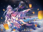  1girl bangs breasts commentary_request dress earth full_body green_eyes hair_between_eyes hair_ornament hair_ribbon hair_rings holding kneehighs lantern long_hair looking_at_viewer low_twintails luo_tianyi microphone_stand midair paper_lantern ribbon shoes silver_hair sky small_breasts solo space sparkle star_(sky) starry_sky tidsean twintails vocaloid vocanese white_legwear 