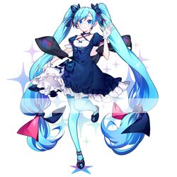  1girl absurdly_long_hair absurdres bangs black_bow black_dress black_ribbon blue_eyes blue_hair blue_legwear bow choker chuki_(lydia) dress eyebrows_visible_through_hair floating_hair full_body hair_between_eyes hair_bow hatsune_miku highres leg_up long_hair pantyhose ribbon ribbon_choker shiny shiny_hair short_dress short_sleeves simple_background smile solo standing standing_on_one_leg swept_bangs twintails very_long_hair vocaloid white_background 