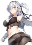  1girl bikini blue_eyes breasts commentary_request hair_ornament harukawa_(hal501) headband highres jacket kantai_collection large_breasts long_hair navel silver_hair simple_background solo suzutsuki_(kantai_collection) swimsuit white_background 
