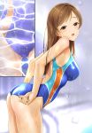  1girl adjusting_clothes adjusting_swimsuit ass blush breasts brown_eyes brown_hair competition_swimsuit highres idolmaster idolmaster_cinderella_girls inset kazu looking_at_viewer multiple_views nitta_minami one-piece_swimsuit open_mouth solo swimsuit water wet 