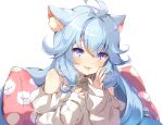  1girl :p ahoge animal_ear_fluff animal_ears bangs bare_shoulders blue_eyes blue_hair blush cat_ears closed_mouth clothing_cutout commentary_request eyebrows_visible_through_hair hair_between_eyes hands_up indie_virtual_youtuber kanase_ito long_hair looking_at_viewer pillow pilokey ribbed_sweater shoulder_cutout simple_background smile solo sweater tongue tongue_out turtleneck turtleneck_sweater upper_body very_long_hair violet_eyes virtual_youtuber white_background white_sweater 