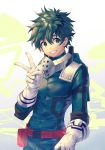  1boy absurdres belt bodysuit boku_no_hero_academia cowboy_shot elbow_gloves formal freckles gloves green_eyes green_hair grin hair_between_eyes highres kinty long_sleeves looking_at_viewer midoriya_izuku round_teeth shiny shiny_clothes shiny_hair simple_background smile solo standing suit teeth thick_eyebrows v white_gloves yellow_background 