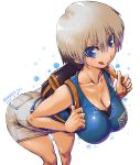  1girl amania_orz bag blue_eyes breasts character_request cleavage collarbone commentary_request large_breasts short_hair skirt sleeveless solo tongue tongue_out white_hair 