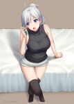  1girl 2018 bangs bedroom black_legwear black_shirt blue_eyes breasts brown_background crossed_legs dated eyebrows_visible_through_hair from_above full_body hair_between_eyes head_tilt holding holding_phone indoors large_breasts long_hair melty_blood miyai_sen open_mouth phone ponytail riesbyfe_stridberg shirt short_shorts shorts silver_hair sitting sleeveless sleeveless_shirt solo thigh-highs thigh_gap tsukihime white_shorts 