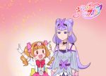  2girls :d aisaki_emiru bangs bare_shoulders blunt_bangs blush_stickers bow bowtie brown_hair chibi choker commentary_request empty_eyes frown gloves hairband height_difference hugtto!_precure koyukiyasu long_hair multiple_girls open_mouth pink_skirt precure purple_hair red_neckwear ruru_amour skirt smile suspenders twintails violet_eyes white_gloves 